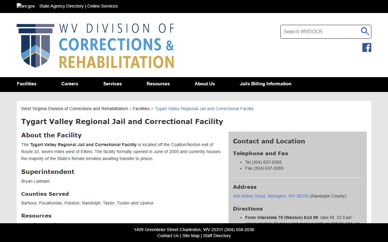 Tygart Valley Regional Jail and Correctional Facility Taylor County custody search page