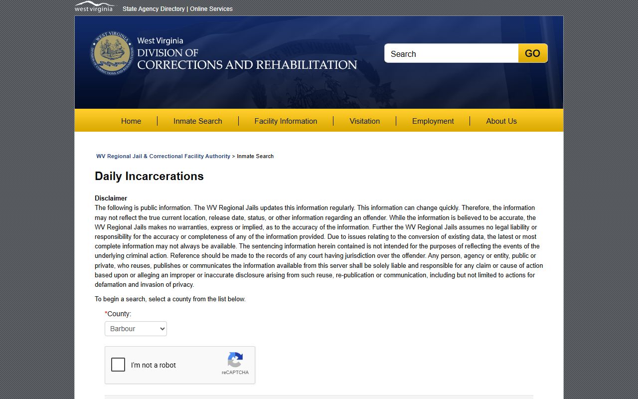 Taylor County inmate population daily incarcerations search through WVDCR